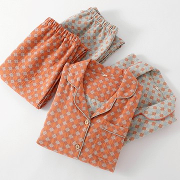 高檔純棉睡衣女居家服套裝 100%棉質薄款女生睡衣春夏秋雙層色織棉紗居家服長袖長褲套裝家居服