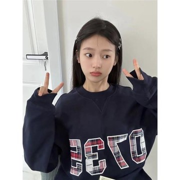 PFR AND0735格子貼布刺繡圓領套頭衛衣 純棉情侶寬松潮牌上衣男女