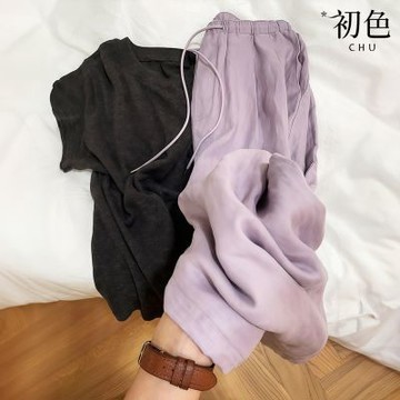 初色 棉麻文藝風純色綁帶鬆緊腰口袋直筒休閒褲寬褲長褲-紫色-50303(M-2XL可選)