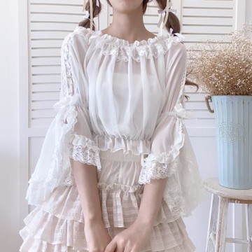 日系軟妹可愛Lolita洋裝內搭蕾絲華麗大姬袖復古水袖雪紡襯衣女夏