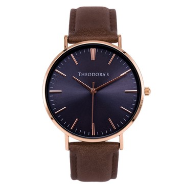 Hera 簡約中性款真皮腕錶 深藍面-真皮深棕