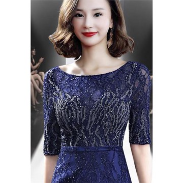 藍色晚禮服氣質公司年會晚宴顯瘦大碼晚裝寬松禮服女遮肚子宴會