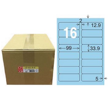【龍德】LONGDER 三用電腦標籤 A4 16格 圓角 33.9*99mm 淺藍1000張/箱 LD-811-B-B(適用雷射、噴墨、影印)