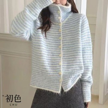 初色 韓系復古條紋軟糯寬鬆排扣長袖針織衫上衣女上衣-藍白條紋-17217(F可選)