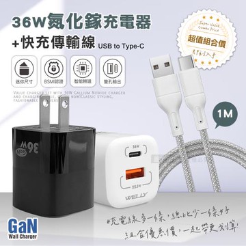 WELLY 36W氮化鎵GaN 迷你雙孔充電器+USB to Type-C 耐拉編織充電線(100CM)