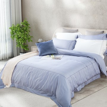 500織珍絲刺繡埃及棉-灰藍色 / 法式極簡系列 / 薄被套床包四件組
