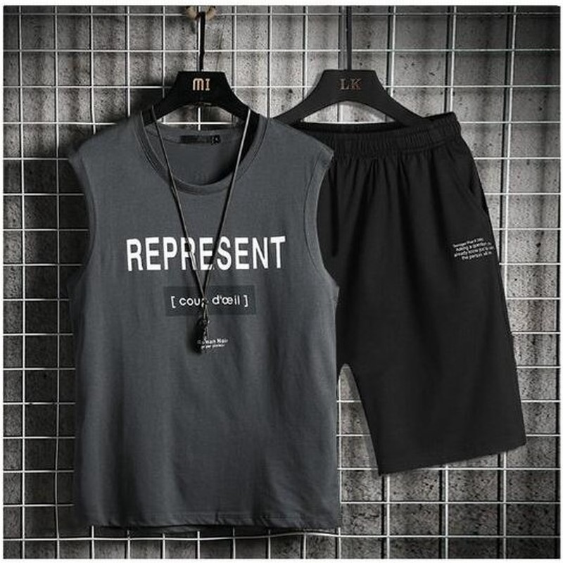 英字プリント セットアップ スウェット ジャージ メンズ タンクトップ ショートパンツ 上下セット 夏 2点セット 部屋着 スポーツウエア かっこいい カジュアル 通販 Lineポイント最大get Lineショッピング