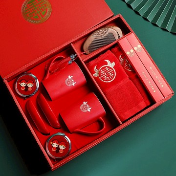 洗漱杯結婚牙刷杯情侶紅色陶瓷漱口一對杯創意定制新婚用陪嫁套裝