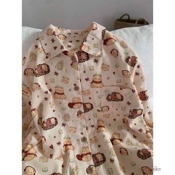 韓版甜美可愛圍巾小熊長袖睡衣女春秋季新款休閒寬鬆長褲睡衣套裝卡通睡衣休閒睡衣睡衣家居服居家睡衣