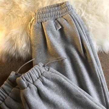 灰色運動褲女冬天加絨加厚寬松束腳高腰直筒休閑褲子顯瘦學生衛褲