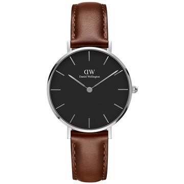 DW Daniel Wellington 經典聖莫斯棕色皮帶腕錶-銀框/32mm(DW00100181)