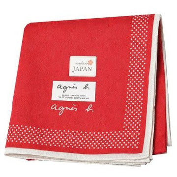 agnes b 紅色底白邊波點暗紋字母圖騰LOGO帕領巾(54.0CM)