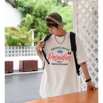 夏季重磅純棉短袖t恤ins潮流字母印花五分袖體恤青少年百搭半截袖