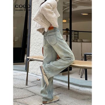 韓版藍色高腰直筒牛仔褲女2025春夏新款寬松顯瘦垂感闊腿拖地褲子