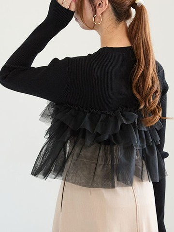 立體感荷葉分層薄紗羅紋針織上衣(0F000234010) - Te chichi