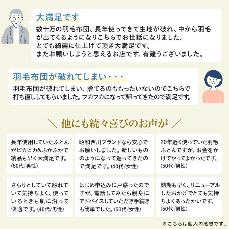 羽毛布団 打ち直し シングル 布団 リフォーム クリーニング 西川 昭和