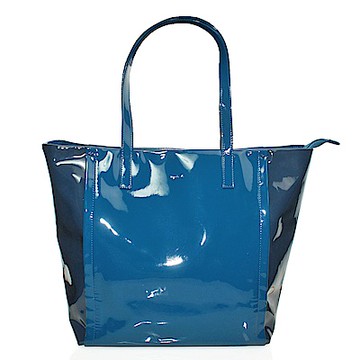 agnes b 素面直立拉鍊PVC手提肩背包(大/藍)