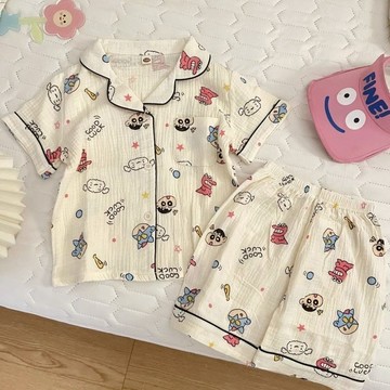 mori🎀mori兒童睡衣夏季蠟筆小新男孩居傢服中大童女寶寶短袖空調服紗佈薄款