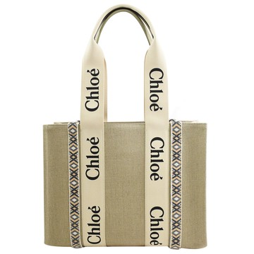CHLOE Woody 菱格圖騰織帶帆布肩背托特包.燕麥灰 中