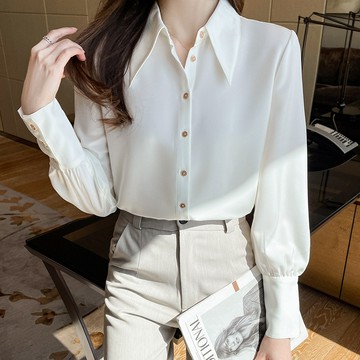 緞面白色長袖襯衫女2025春秋新款設計感小尖領通勤職業上衣襯衫女