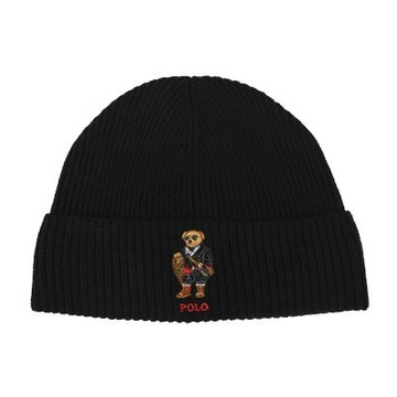 RALPH LAUREN POLO 小熊刺繡LOGO素面羊毛混紗羅紋針織毛帽-黑色