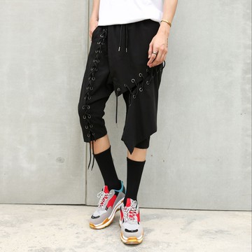 FINDSENSE H1 2018 夏季 新款 個性黯黑 繩子交叉 寬鬆 休閒  哈倫褲 嘻哈 小腳褲 潮 時尚 男褲子