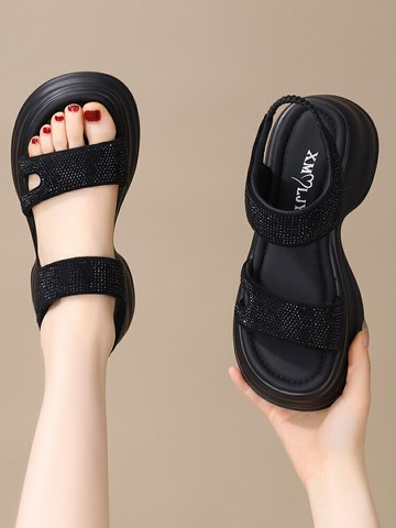 厚底涼鞋女2025年夏季新款一腳蹬水鉆設計感羅馬涼鞋外穿炸街女鞋