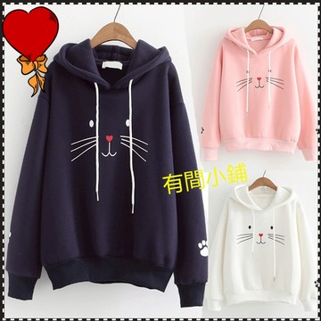 有間小鋪:秋冬女長袖上衣女 猫咪印花長袖連帽衛衣 女學生加絨薄款連帽外套 加厚帽t 加絨長袖帽T 刷毛大學t 大學帽t