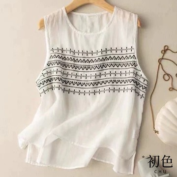 初色 夏日輕薄棉麻風純色刺繡圓領T恤背心無袖上衣女背心-共3色-35940(M-3XL可選)
