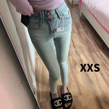 淺色高腰修身小腳牛仔褲女小個子xxs彈力緊身小腰圍鉛筆褲加絨冬