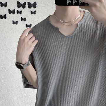 冰絲U領t恤男2024秋重磅華夫格短袖夏季輕熟風男裝潮牌V領七分袖