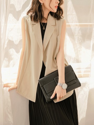 純色翻領質感暗釦西裝寬鬆長版背心