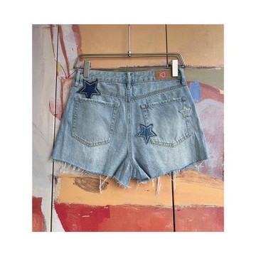 外貿原單Pac*Sun星星水洗高腰闊腿顯瘦破洞牛仔短褲毛邊A字熱褲