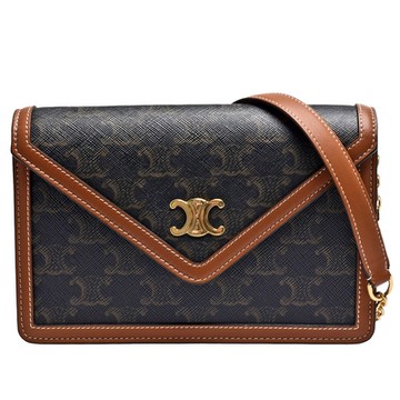 CELINE 賽琳 經典TRIOMPHE帆布羊皮飾邊拉暗釦WOC斜背包(黃褐色)