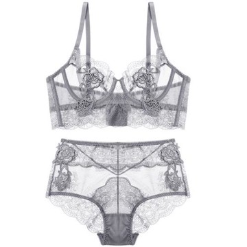 大號超薄大胸大碼薄款c杯d罩杯聚攏蕾絲文胸性感內衣女的套裝bra