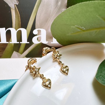 【西洋古董飾品】月亮星星愛心 垂墜可晃動 優美鑽擺盪 耳環耳夾