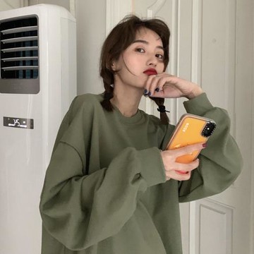 抹茶綠衛衣女春秋冬季2025年新款圓領無帽中長款ins超火加絨外套