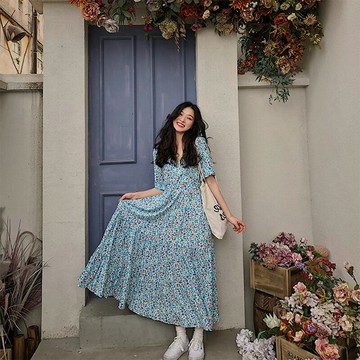 2021新款春秋超仙女森系遮肚顯瘦氣質雪紡rouje碎花連衣裙子夏季