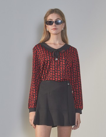 ★【喜芝梅】優雅風工字格領結上衣(紅色；M-3L) 223440561