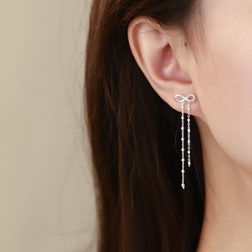 [Relise] （台灣現貨）A0619！通體純銀 s925純銀 不對稱流蘇鏈條 蝴蝶結耳環 純銀耳環 純銀 生日送禮