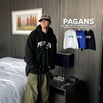 【PAGANS STORE】韓國 PORTLAND 簡約 刺繡 重磅 英文 標語 印花 長袖 帽Tee