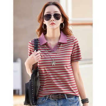 純棉寬松條紋polo衫女短袖翻領T恤夏季2025新款帶有領體恤衫上衣