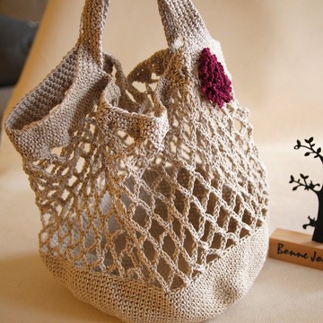 毛線編織手作禮物 酒紅繡球花/煙火花  亞麻台灣苧麻簍空購物包