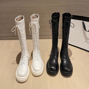 胖mm長靴粗腿顯瘦騎士靴女高筒彈力靴厚底系帶長筒靴子加寬馬丁靴