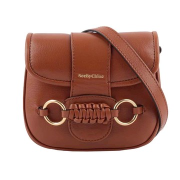 See by Chloe Saddie 閃亮山羊皮翻蓋斜背包（棕色）_廠商直送