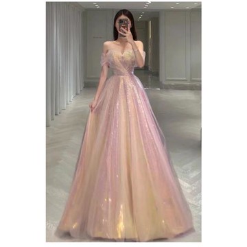 星空晚宴一字肩晚禮服粉色仙氣性感亮片感生日禮服女夜店酒吧KTV