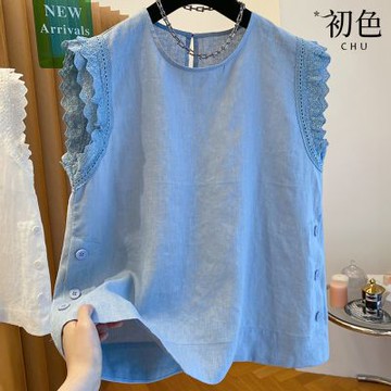 初色 氣質拼接蕾絲純色圓領扣子無袖背心上衣女上衣-共3色-14220(M-2XL可選)