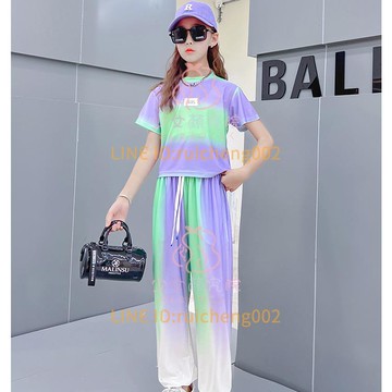 女童短袖兩件套洋氣漸變薄款童夏季套裝時尚短袖女孩小童中大童冰絲褲夏【淘夢屋】