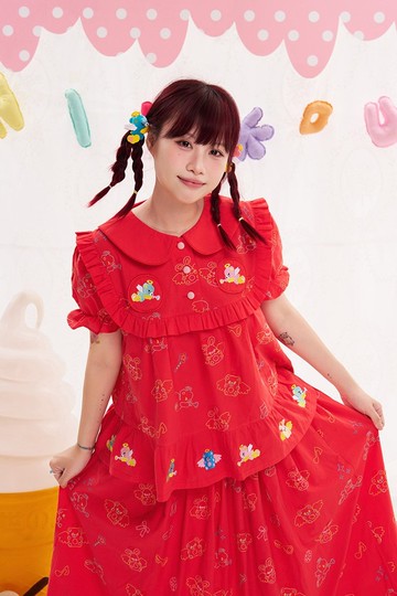 動物天使重工刺繡紅色娃娃衫襯衫 可愛少女日系百搭