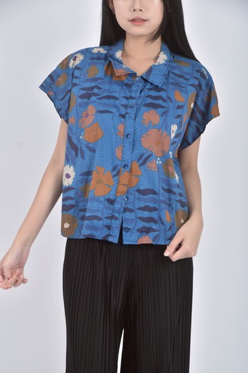 (L) cotelac棉質花卉純綿藍色襯衫上衣